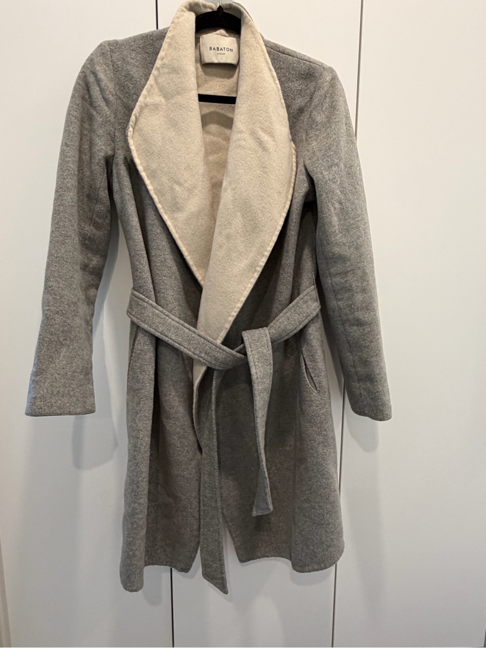 Babaton Gray Wrap Wool Coat with Cream Shawl Collar